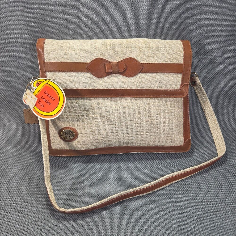 Vintage 70s Linen Leather Purse, Slender Shoulder Bag with Interior Zip Pocket